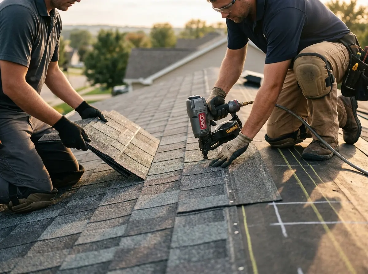 Professional roofer working on a residential roof in Cibolo